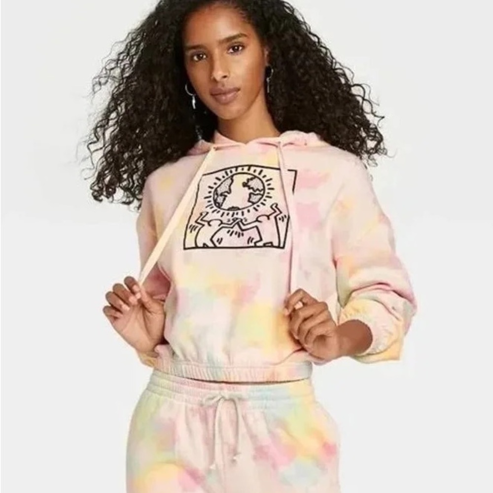 Keith Haring Oversized Tie Dye Cropped Hoodie Sweatshirt Size Large